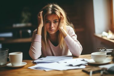 ADHD in women checklist - Woman doing paperwork. The concept of being stuck at work or preparing for an exam. Background with selective focus.